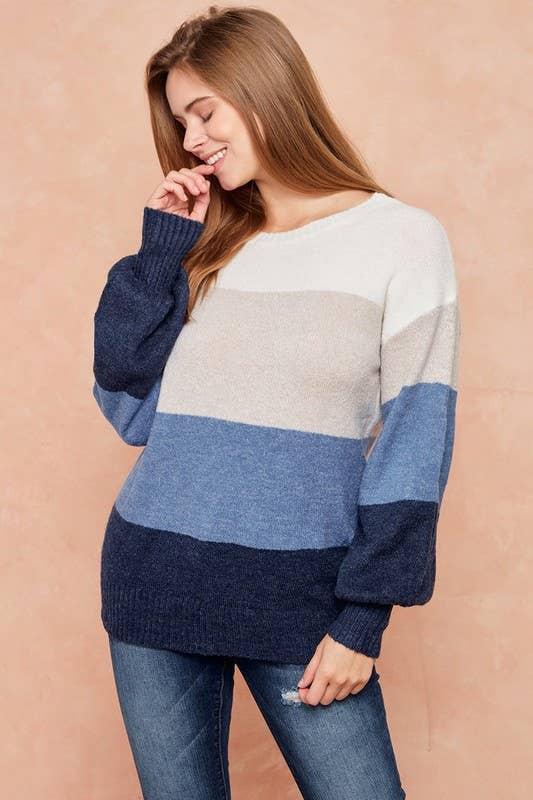 Color Block Sweater Top With Balloon Sleeve