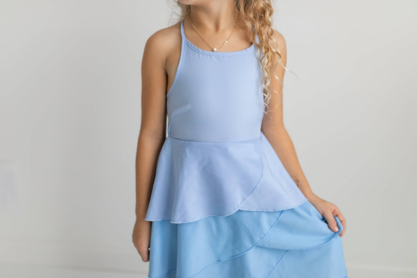 Kids Blue Ombre Waterfall Layered Summer Halter Hi Lo Dress