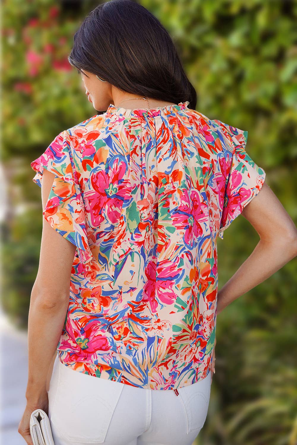 Women Floral Print Ruffled Sleeve V Neck Blouse