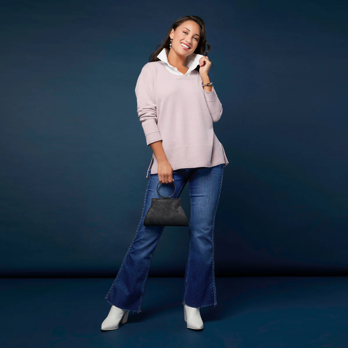 Heavenly Luxe Crew Neck Sweater with Woven Collar