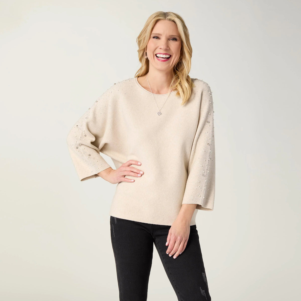 Heavenly-Luxe Cable Dolman Sweater with Rhinestones