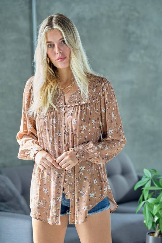Long Sleeve Blouse with Smocked Floral Details