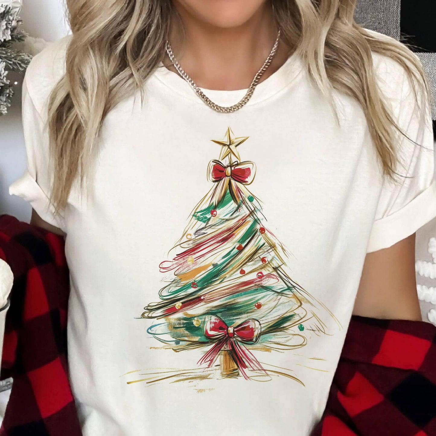 Whimsical Christmas Tree Holiday Red Gold Graphic Tee