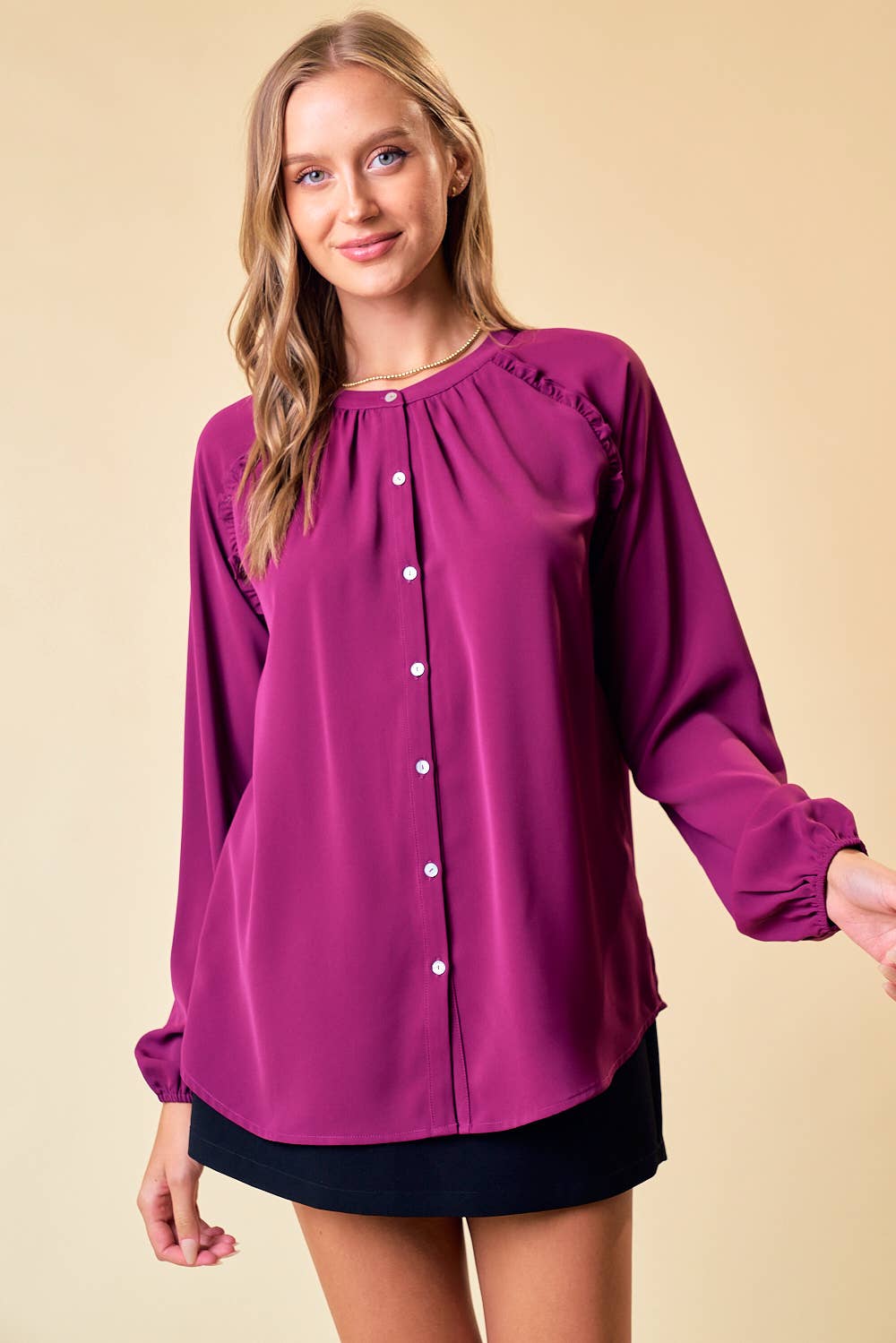 Frilled Raglan Woven Top - Plum