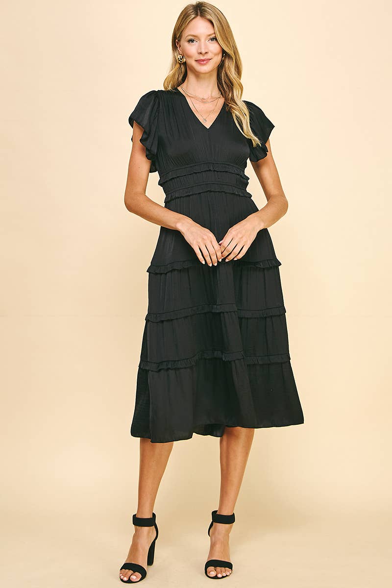 Flutter Sleeve Tiered Midi Dress - Black