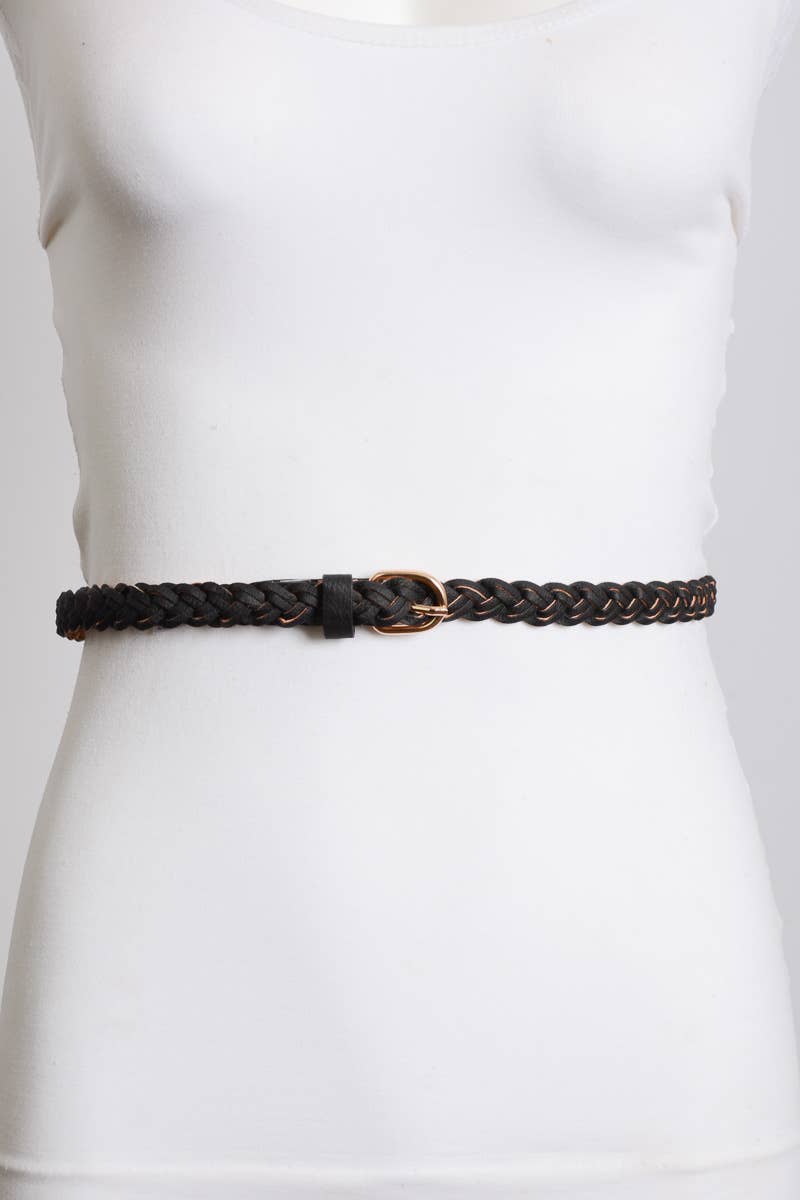 Faux Leather Skinny Braided Belt