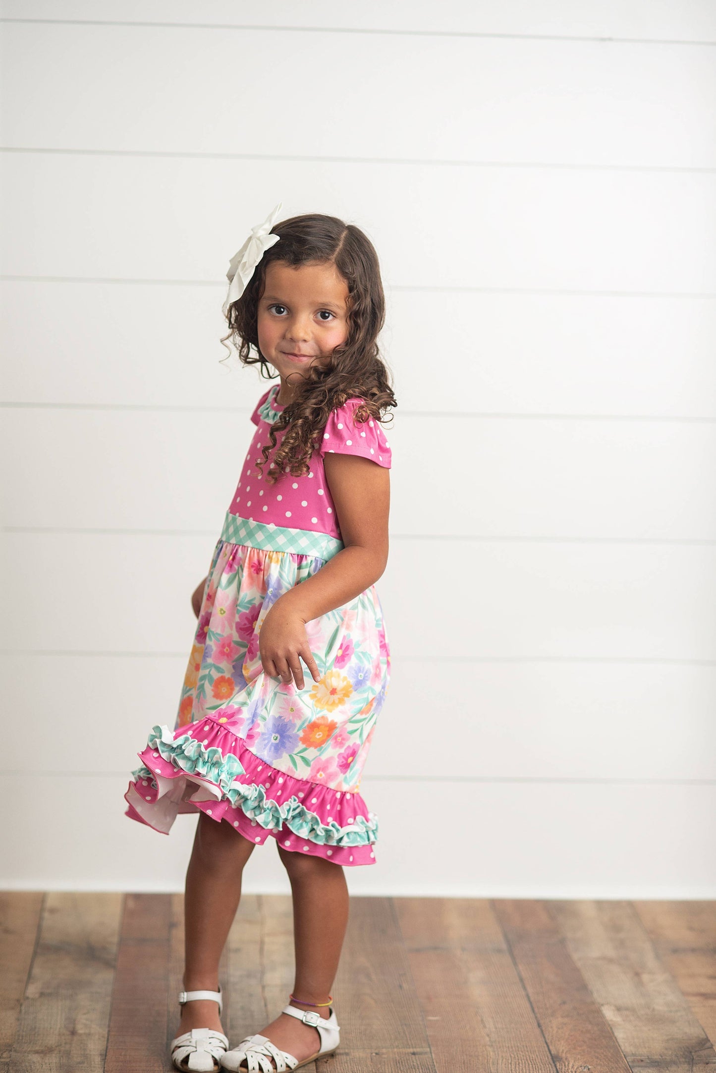 Kids Hot Pink Floral Gingham Spring Summer Ruffle Dress