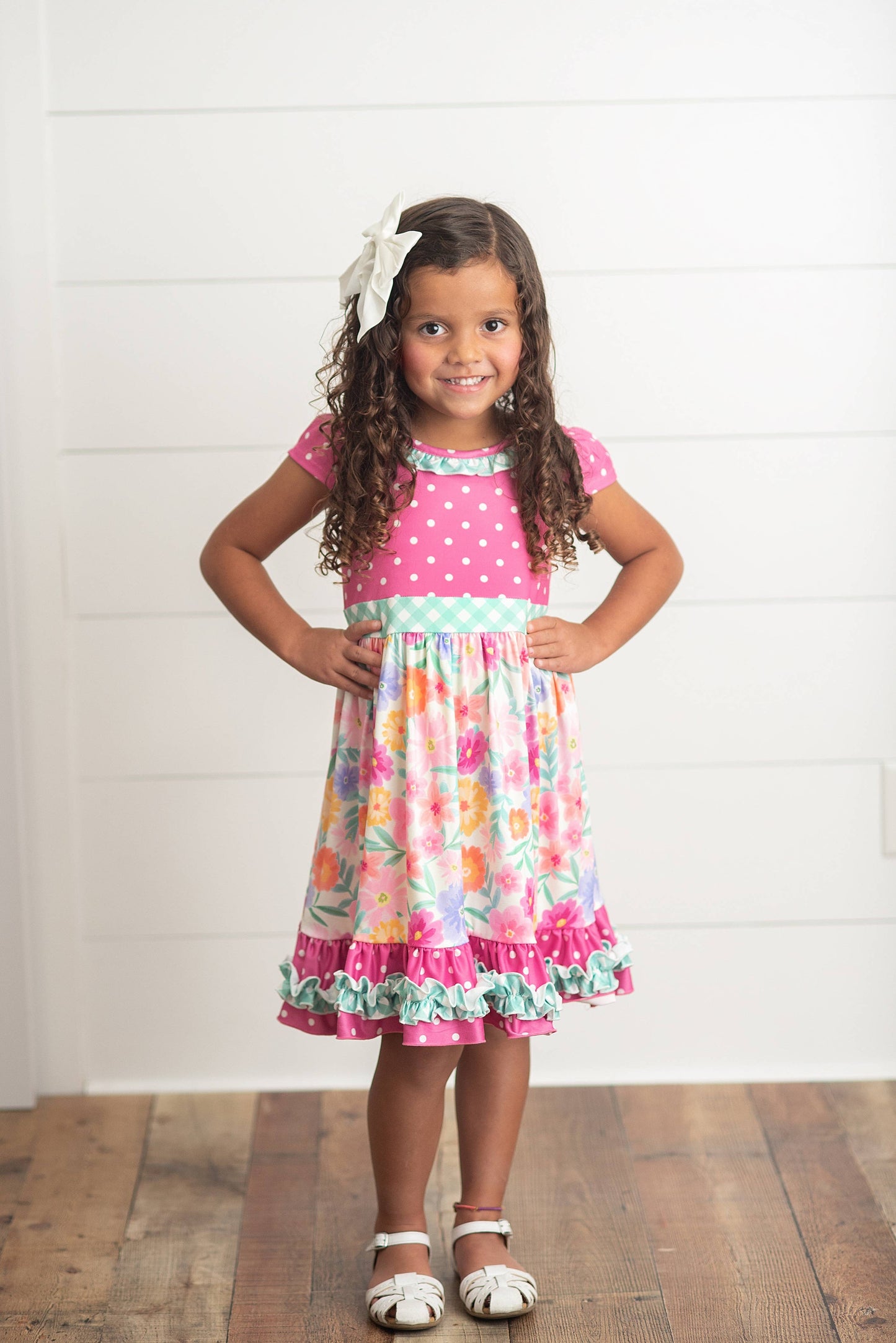 Kids Hot Pink Floral Gingham Spring Summer Ruffle Dress