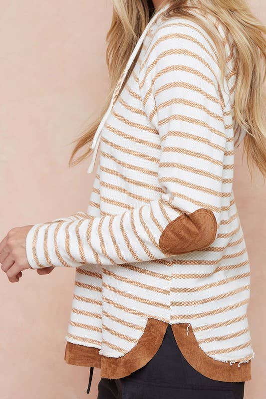 Striped Hoodie Top With Solid Elbow Patch