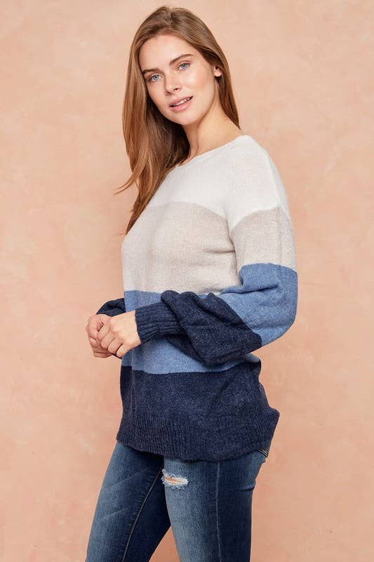 Color Block Sweater Top With Balloon Sleeve
