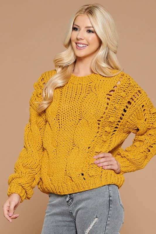 Twisted Knit Sweater With Pompom Detail