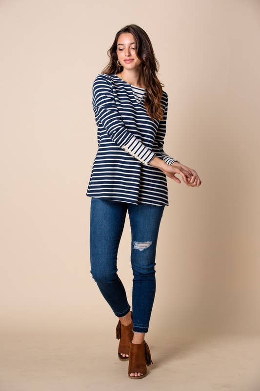 Mix Stripe Sweater With Button up Sleeve Detail