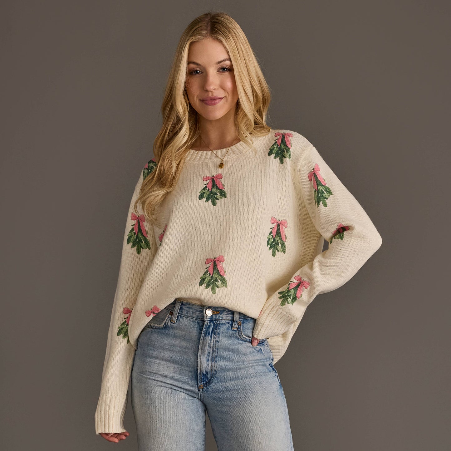 Ivory Tree Sweater with Pink Bows