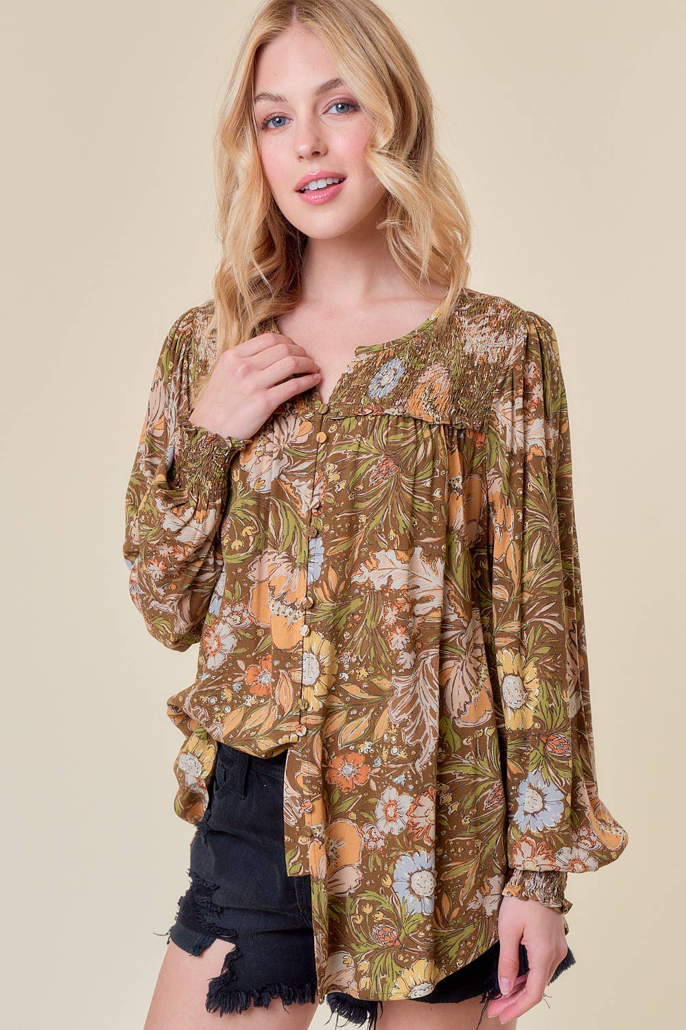 Long Sleeve Smoked Blouse