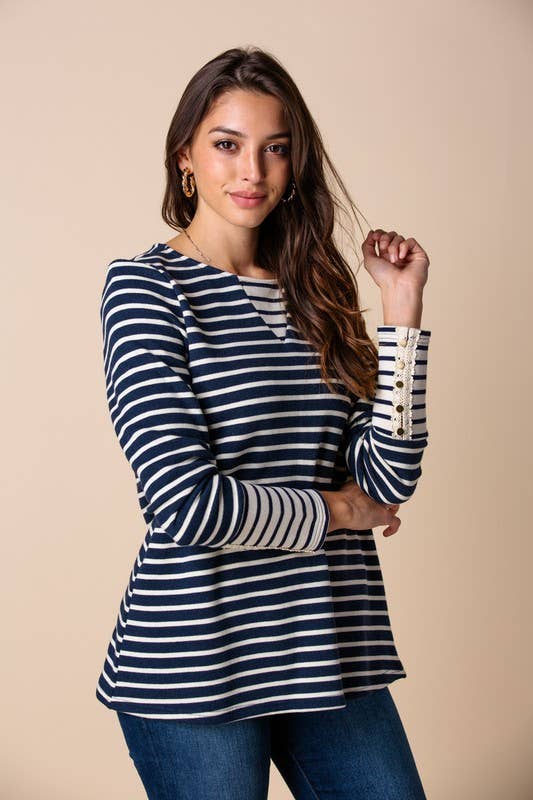 Mix Stripe Sweater With Button up Sleeve Detail