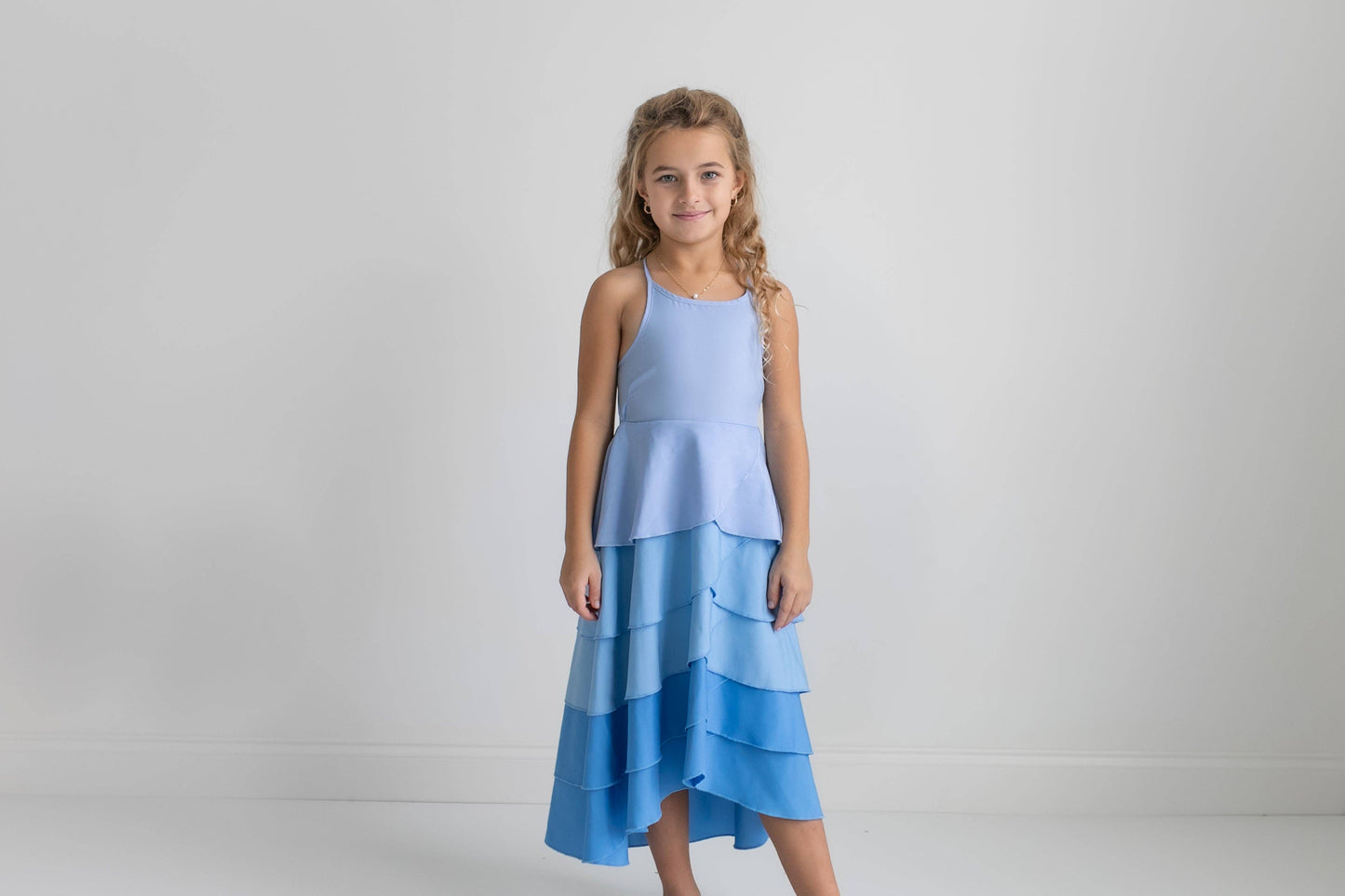 Kids Blue Ombre Waterfall Layered Summer Halter Hi Lo Dress