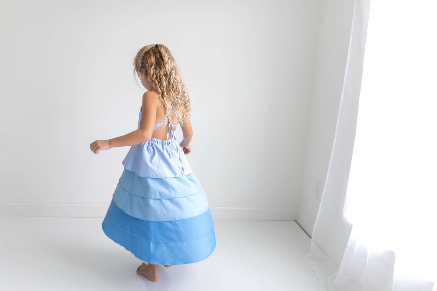 Kids Blue Ombre Waterfall Layered Summer Halter Hi Lo Dress