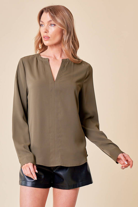 Folded V-Neck Blouse - Dark Olive