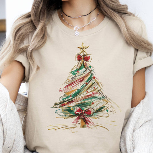 Whimsical Christmas Tree Holiday Red Gold Graphic Tee