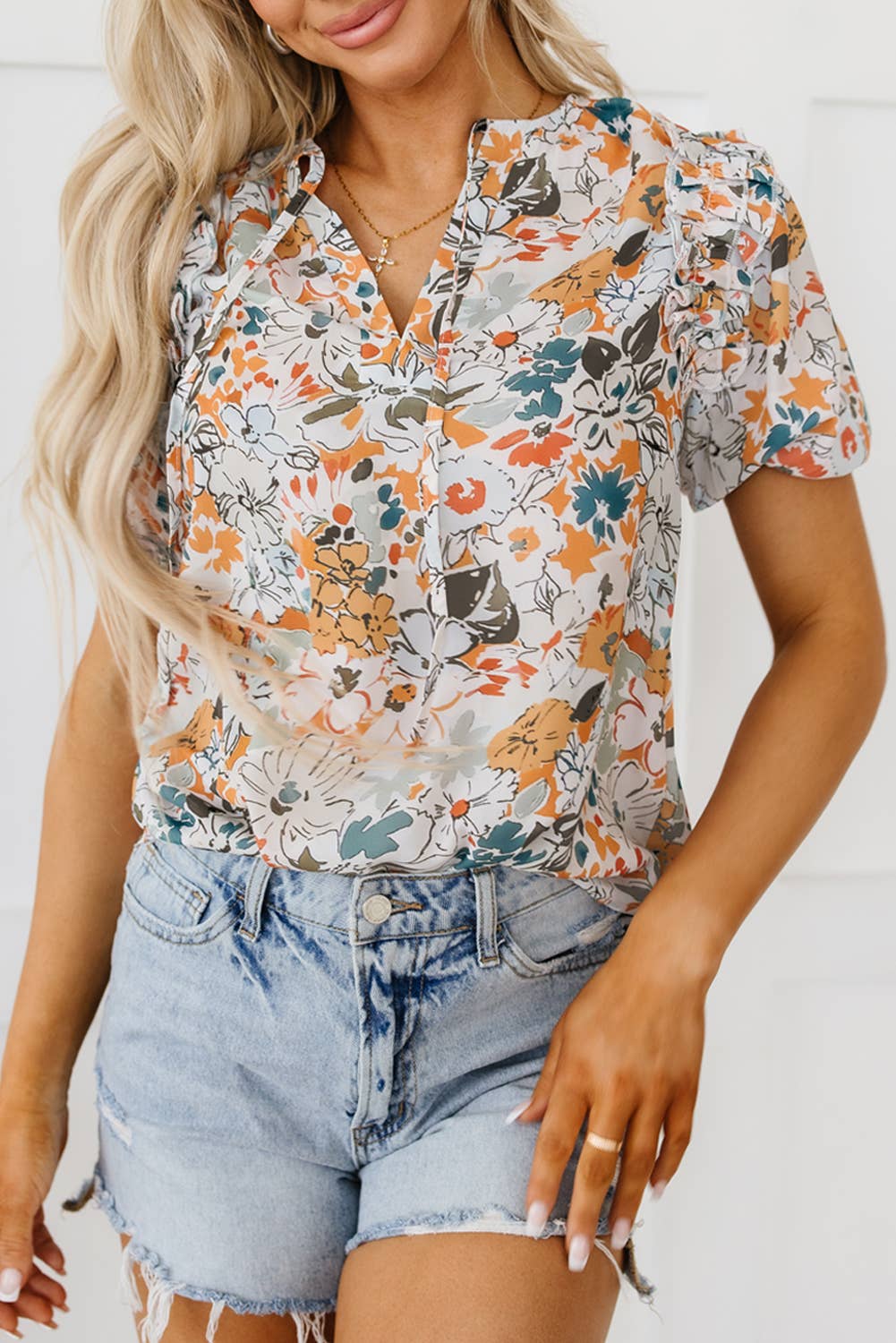 Women Floral Print V Neck Puff Sleeve Ruffled Blouse