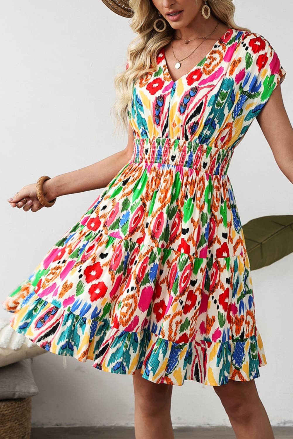 Abstract Print Ruffle Tiered Mini Dress
