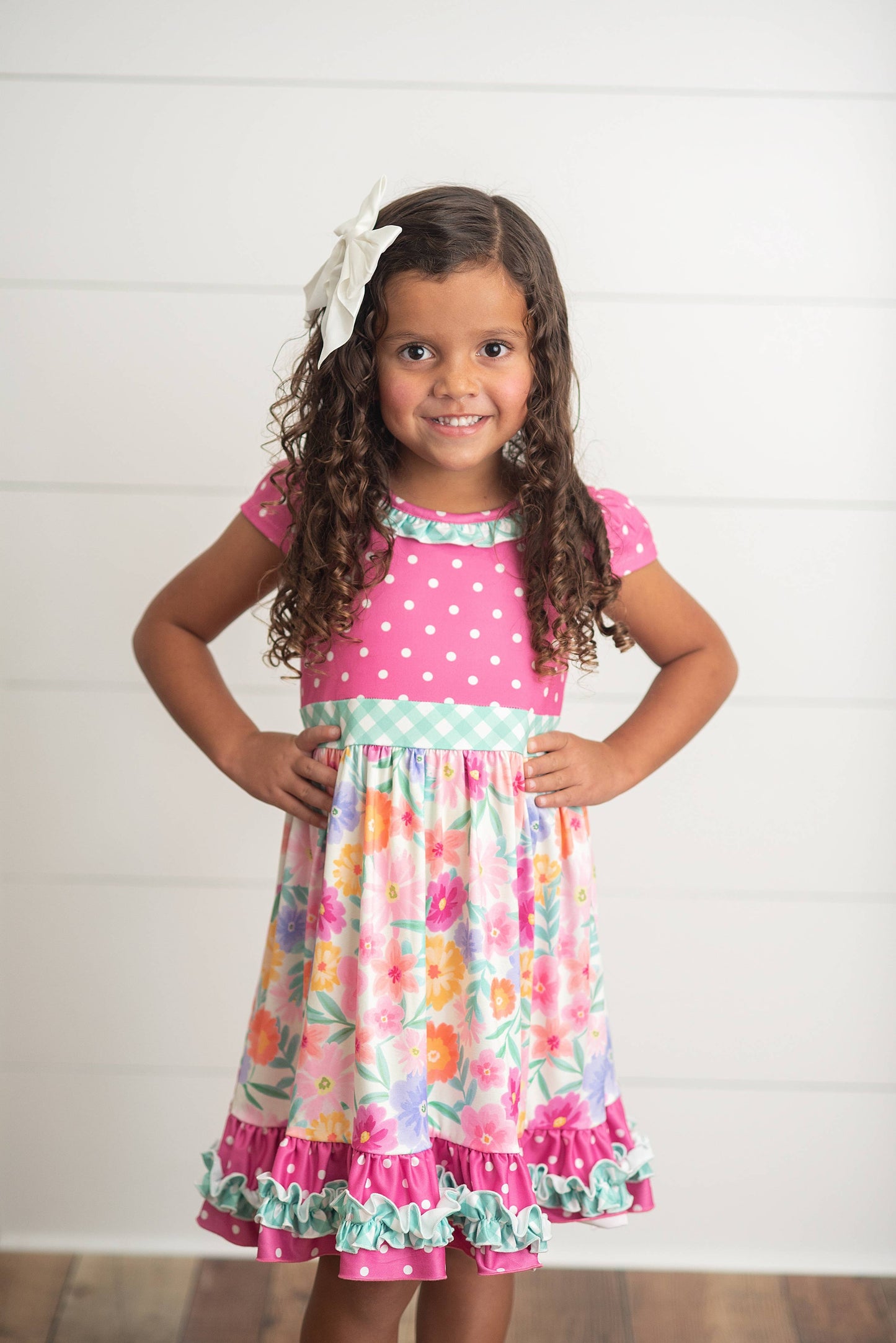 Kids Hot Pink Floral Gingham Spring Summer Ruffle Dress