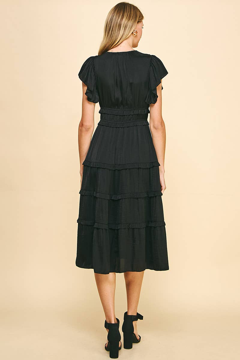 Flutter Sleeve Tiered Midi Dress - Black