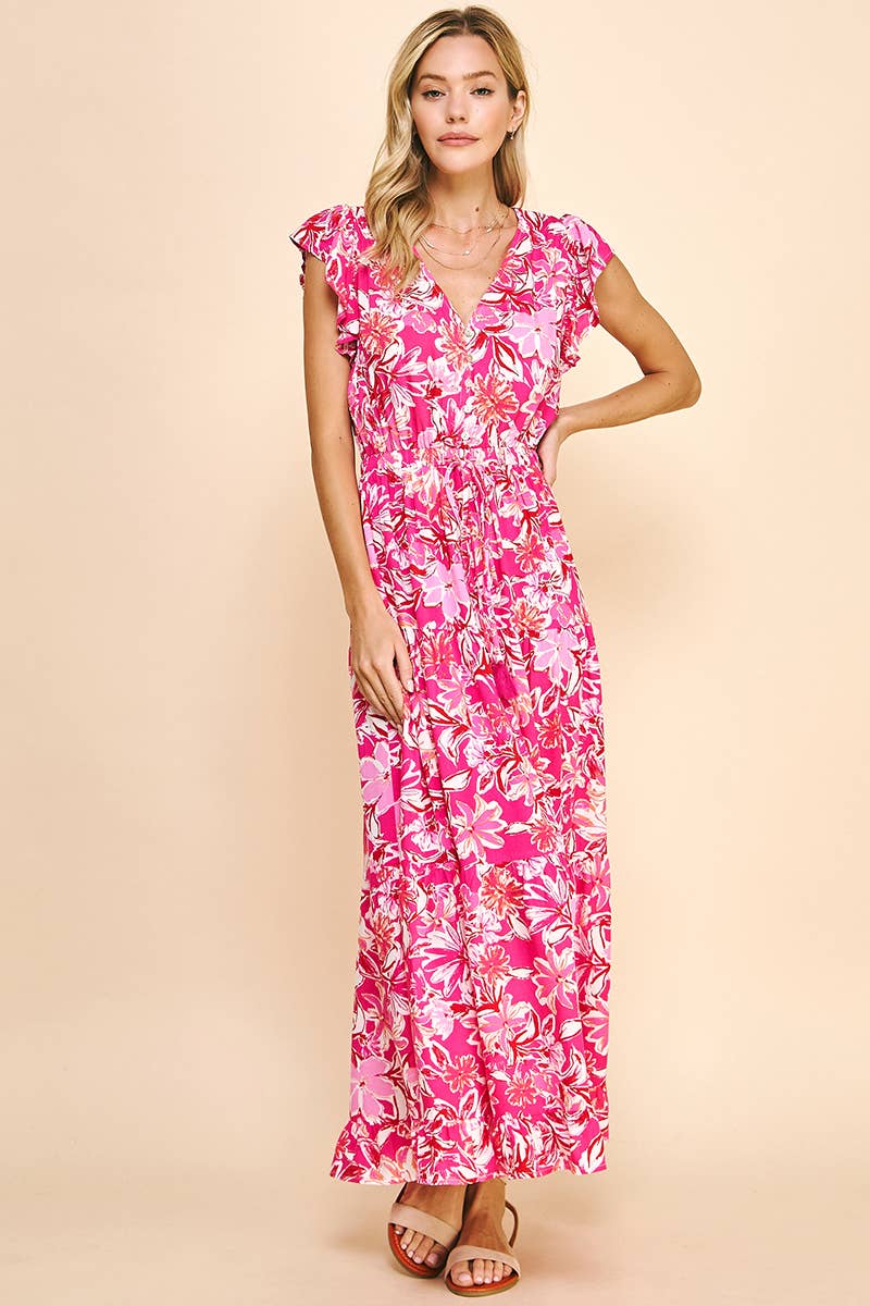 Floral Print Tiered Maxi Dress - Pink Multi S Floral Print Tiered Maxi Dress - Pink Multi S