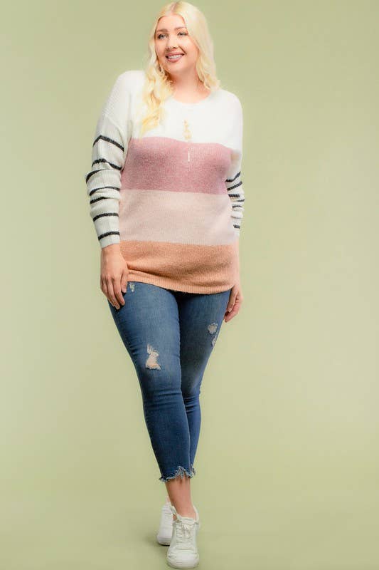 Blocked Color Sweater Top With Striped Sleeve