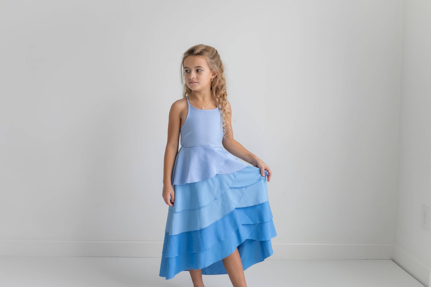 Kids Blue Ombre Waterfall Layered Summer Halter Hi Lo Dress