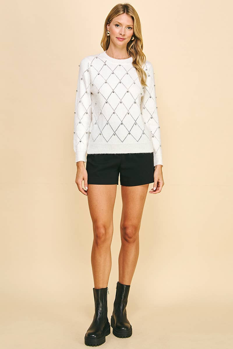 Rhinestone Crew Neck Sweater - Ivory