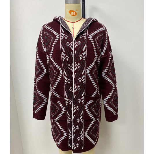 Burgundy Aztec Hooded Open Cardigan