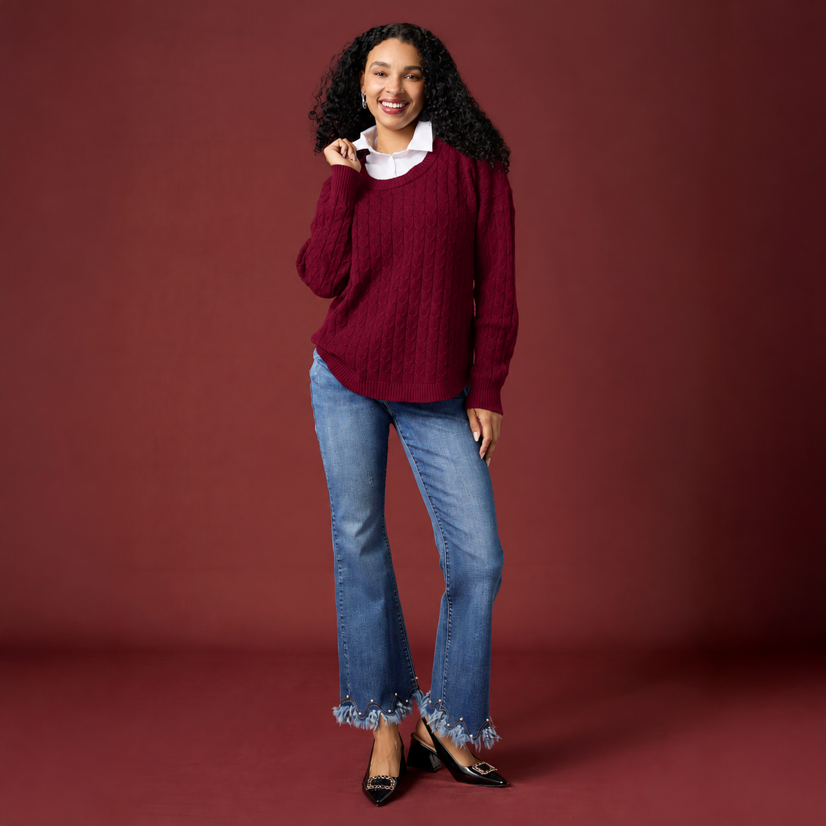 Heavenly-Luxe Cable Knit Woven Sweater with Collar