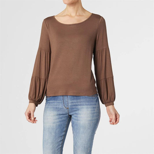 Celina Tiered Long Sleeve Crew Neck Top - Chocolate