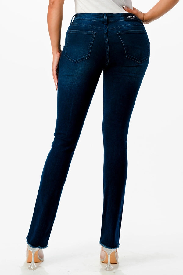 Grace LA Easy Fit Mid-Rise Center Seam Denim Straight Leg Jeans - Dark Blue Wash