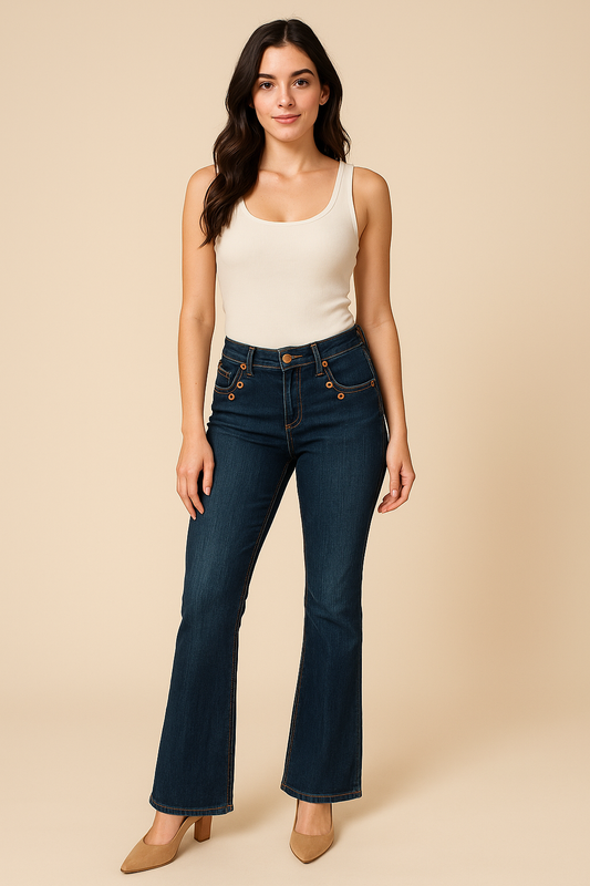Grace in LA Mid-Rise Button Bootcut Jeans - Short inseam