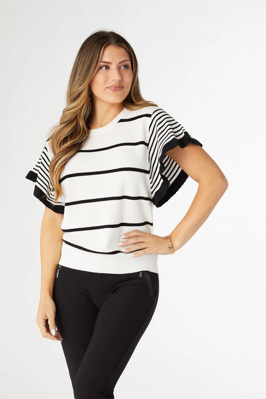 Claudia Knit Striped Top with Scalloped Sleeve