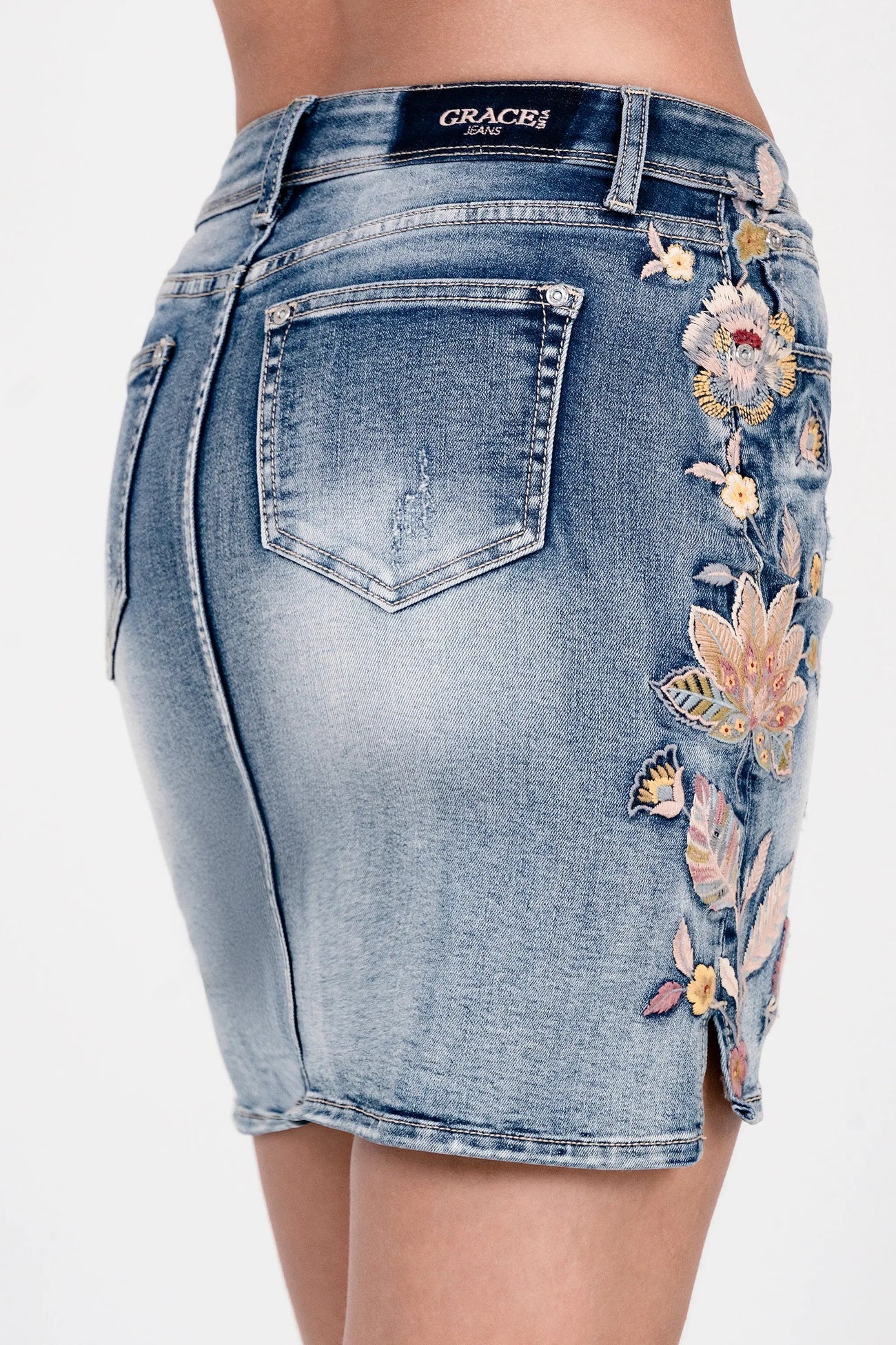 Floral Bloom Embroidered Denim Skirt