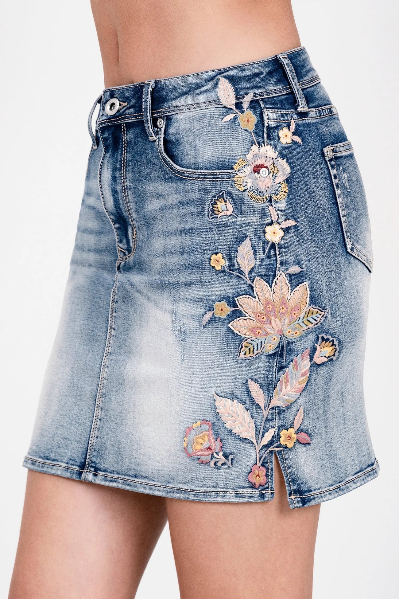 Floral Bloom Embroidered Denim Skirt