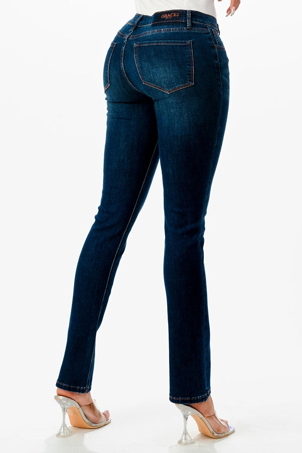 Grace LA Easy Fit Mid-Rise Denim Straight Leg Jeans - Dark Blue Wash