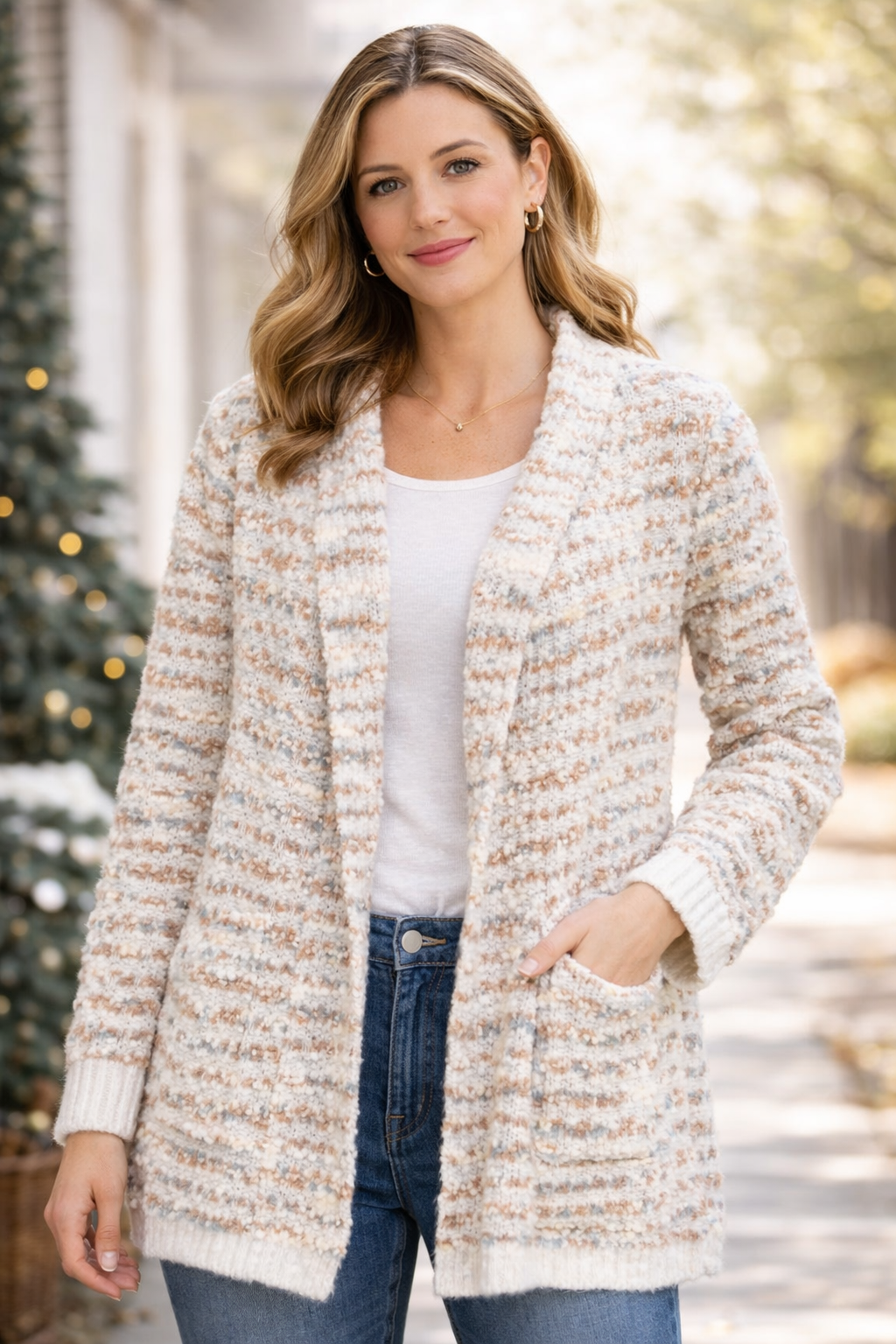 Textured Stripe Open Front Cardigan