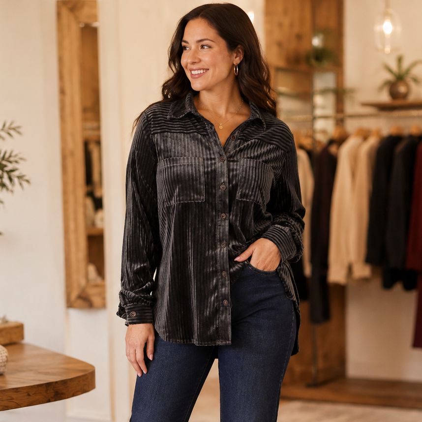 Ruthie Ribbed Velour Button Front Top