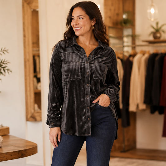 Ruthie Ribbed Velour Button Front Top