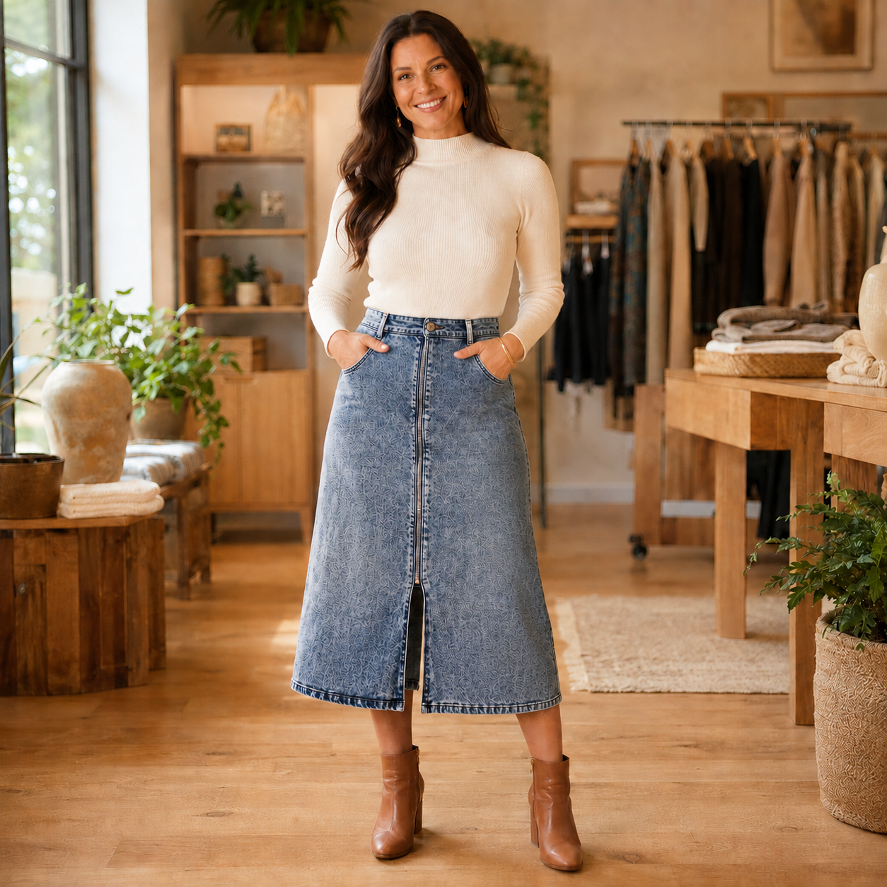Bambu Soft Zip Front Midi Skirt