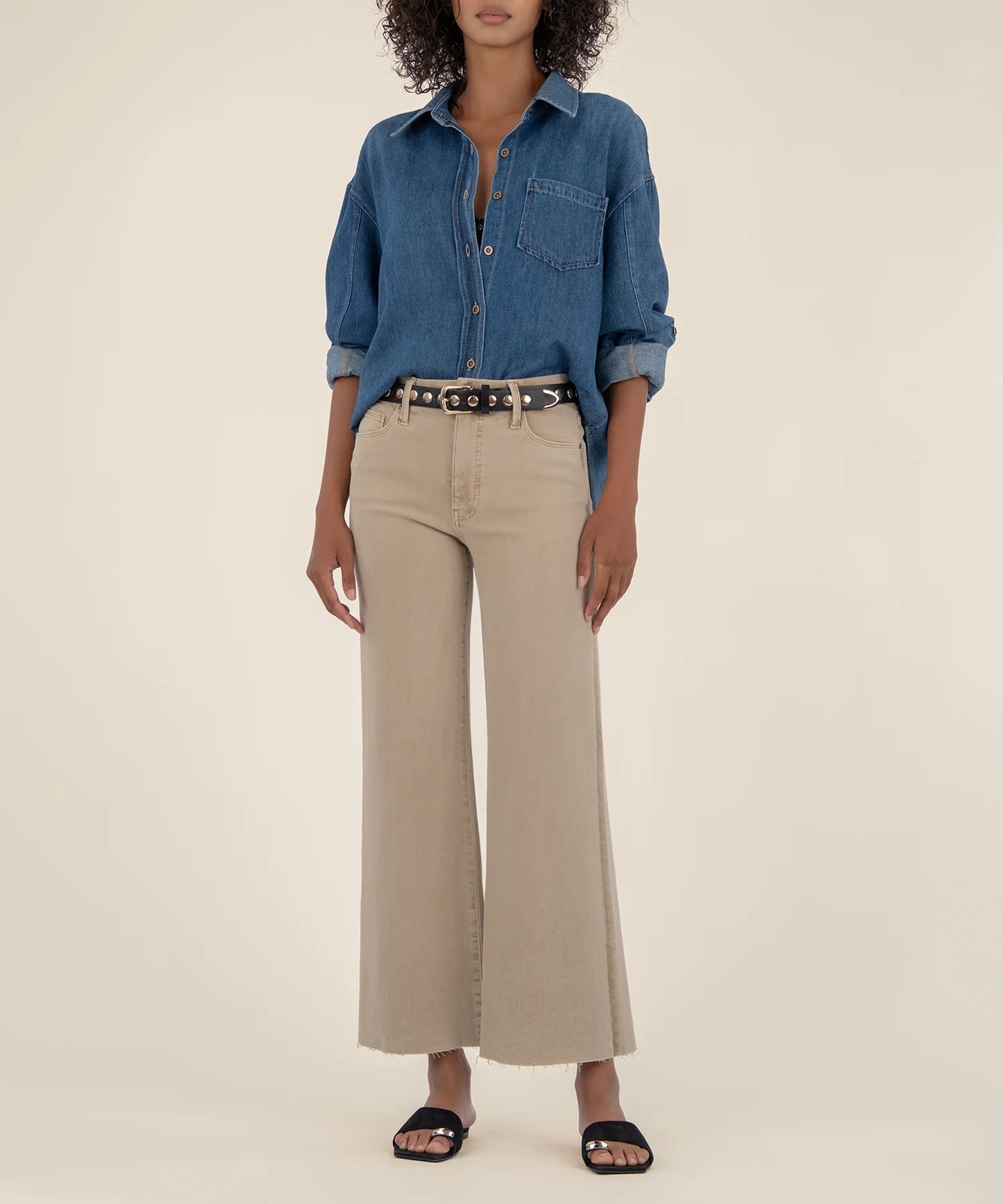 KUT from the Kloth Meg Wide Leg High Rise Raw Hem - Biscuit