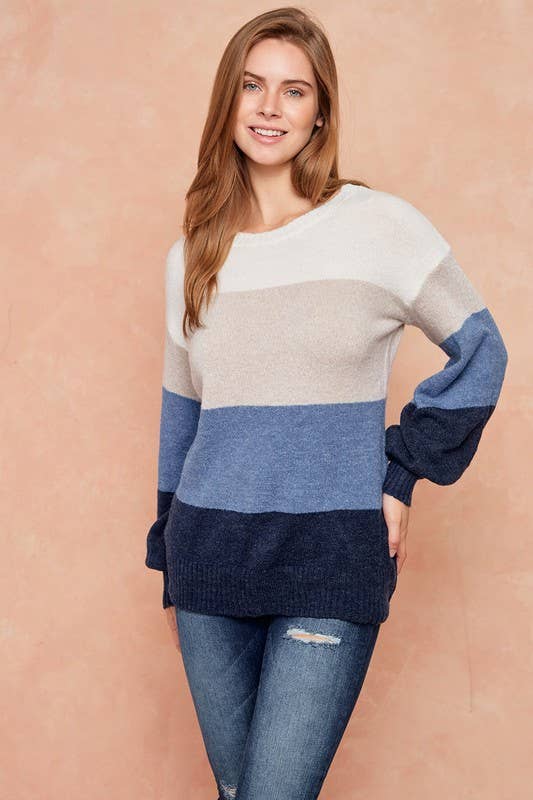 Color Block Sweater Top With Balloon Sleeve