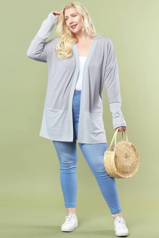 Striped Contrast Open Cardigan With Hidden Pocket