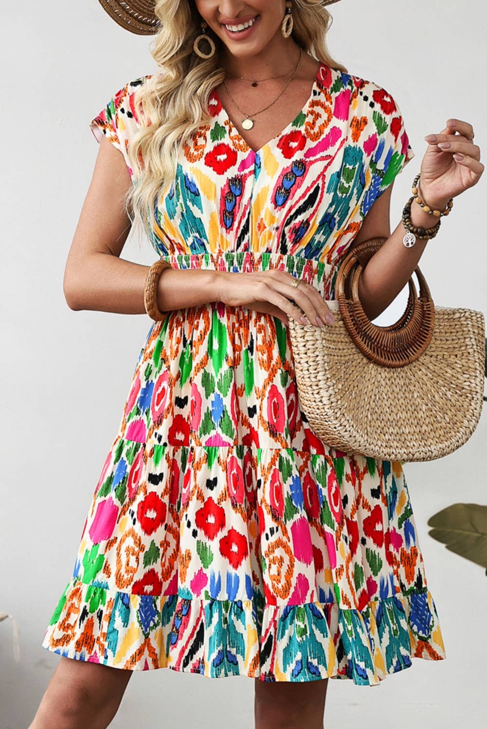 Abstract Print Ruffle Tiered Mini Dress