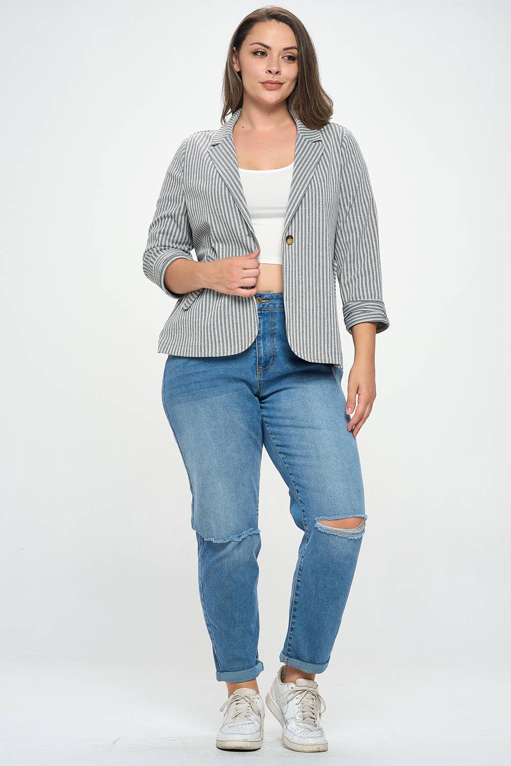 Roll-up Sleeve One-Button Ribbed Blazer
