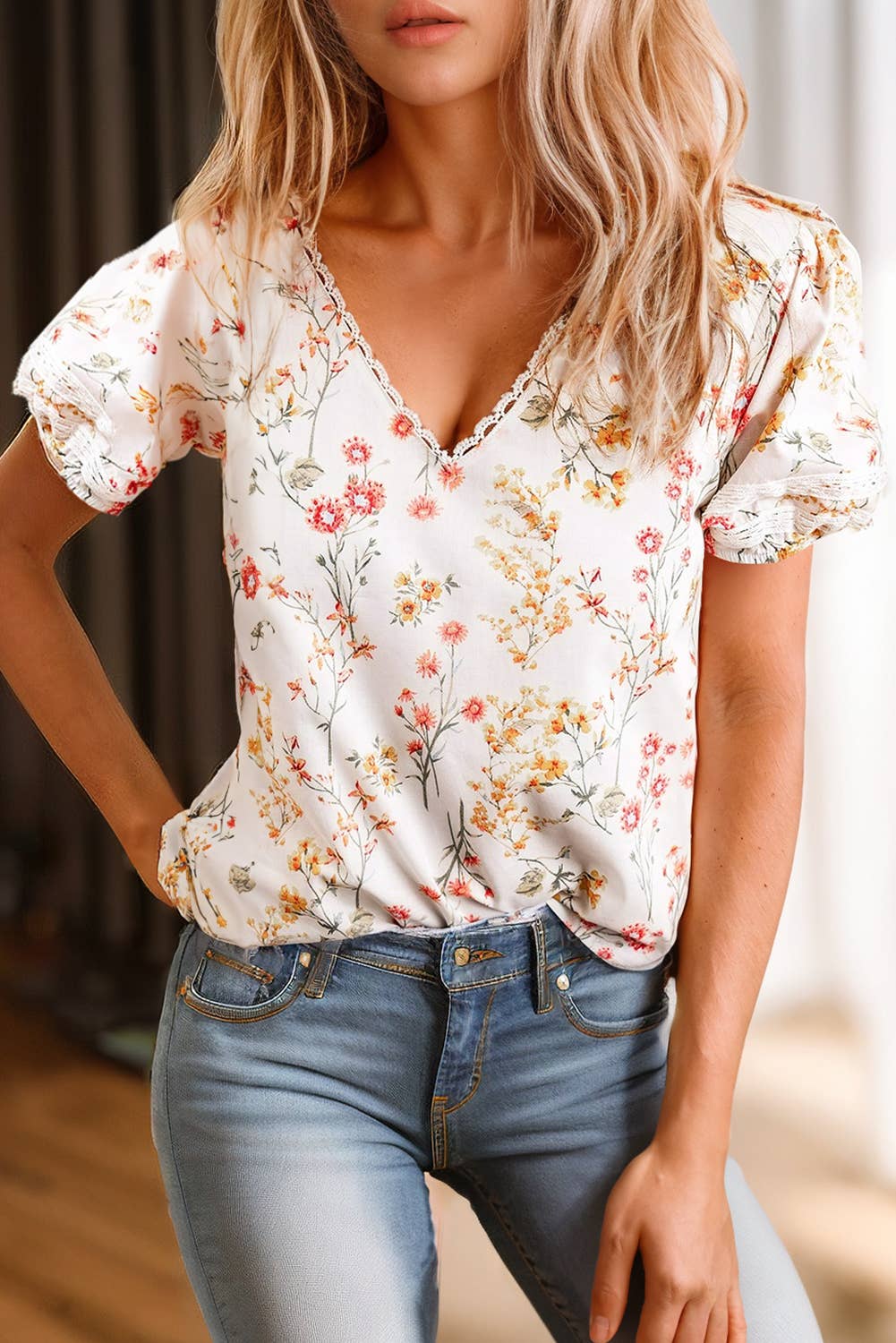 Women Floral Print Lace V Neck Short Sleeve Blouse